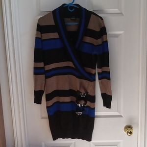 Retro Venus Sweater Dress Size L Stripes Black Blue Tan Striped Long Sleeve